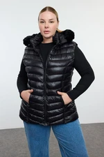 Trendyol Curve Black Regular Fit Vest with Fur Hood and Zipper Pocket