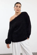 Trendyol Black Furry Turn-down Collar Knitwear Sweater