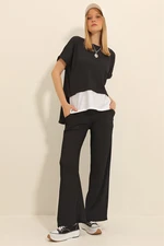 Trend Alaçatı Stili Women's Black Crew Neck Garnish Blouse And Palazzo Trousers Double Crinkle Suit