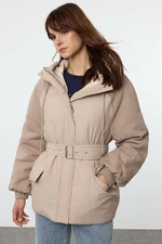 Trendyol Mink Oversize Belted Hooded Parka Coat