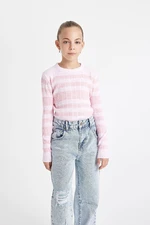 DEFACTO Girl's Pink Striped Standard Fit Crew Neck Tight Knitwear Sweater