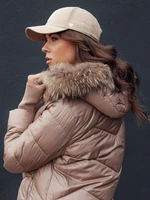 Women's winter quilted jacket with hood and fur LAGOON camel Dstreet