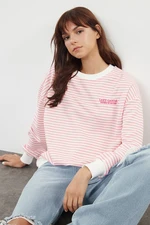 Trendyol Pink Striped Slogan Embroidered Oversize/Wide Fit Long Sleeve Knitted Sweatshirt