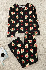 Trendyol Black 100% Cotton Avocado and Heart Patterned Knitted Pajama Set