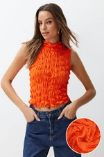 Trendyol Orange High Neck Fitted Crop Textured Stretch Knitted Blouse