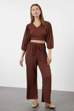 Trendyol Dark Brown Textured Fabric Relaxed/Comfortable Cut Flexible Knitted Bottom-Top Set