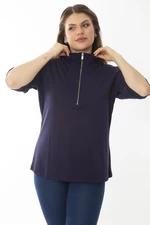 Şans Women's Plus Size Navy Blue Paw Zipper Short Sleeve Sweatshirt