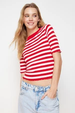 Trendyol Red Baby Overlock Detailed Striped Fitted Stretchy Knitted Blouse