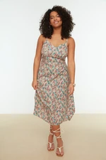 Trendyol Curve Beige Floral V Neck Woven Adjustable Strap Long Dress