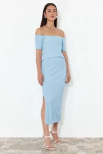 Trendyol Blue Short Sleeve Blouse/Skirt Knitwear Bottom-Top Set