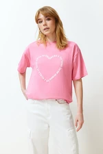 Trendyol Pink 100% Cotton Heart Motto Printed Oversize/Casual Fit Knitted T-Shirt