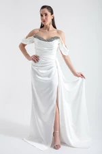 Lafaba Women's White Boat Neck Slit Long Satin Evening Dress