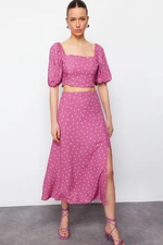 Trendyol Plum Slit Midi Viscose Woven Polka Dot Blouse-Skirt Set