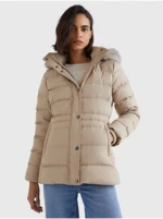 Beige women's down jacket with detachable hood and fur by Tommy Hilfiger