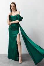 Trendyol Emerald Green Low Sleeve Stone Accessory Detailed Long Woven Elegant Evening Dress