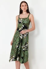 Trendyol Green Floral Printed Strap Zip A-line/Bell Opening Midi Knitted Dress