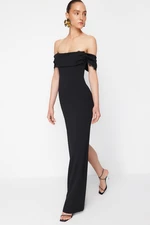 Trendyol x Zeynep Tosun Black Knitted Carmen Collar Lace Long Evening Dress & Graduation Dress