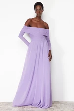 Trendyol Lilac A-Cut Carmen Neckline Tulle Long Evening Evening Dress