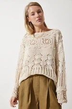 Happiness İstanbul Women's Cream Openwork Seasonal Knitwear Sweater