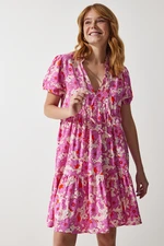 Happiness İstanbul Women's Pink Floral Summer Viscose Flared Dress