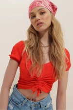 Trend Alaçatı Stili Women's Coral V-Neck Shirred Short Sleeve Crop Top