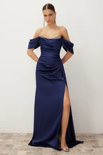 Trendyol Navy Blue Low Sleeve Stone Accessory Detail Long Woven Elegant Evening Dress