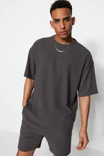 Trendyol Limited Edition Basic Gray Oversize/Wide Fit Textured Anti-Wrinkle Ottoman T-Shirt