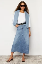 Trendyol Blue Flounce Stitch Detail High Waist Maxi Denim Skirt