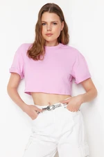 Trendyol Pink 100% Cotton Cut Detail Relaxed Cut Crop Knitted T-Shirt