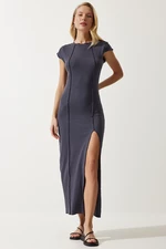Happiness İstanbul Women's Anthracite Slit Ribbed Saran Knitted Dress