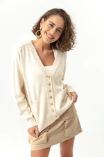 Lafaba Women's Beige Gold Buttons Knitwear Cardigan