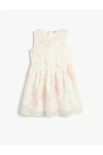 Koton Tulle Floral Midi Dress, Sleeveless Round Neck Lined.