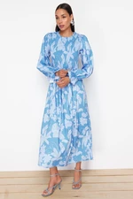 Trendyol Blue Floral Printed Plus Size Gimped Woven Dress