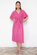 Trendyol Fuchsia Tie Detailed A-Line V-Neck Midi Woven Dress