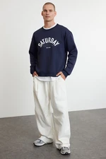 Trendyol Navy Blue Oversize/Wide Cut Text Printed Sweatshirt