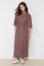 Trendyol Brown Half Sleeve Belted Knitted Dress