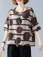 Round Print Drawstring Round Neck Half Sleeve Casual Blouse