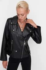 Trendyol Black Oversized Pocket részletesen kidolgozott műbőr motoros kabát kabát