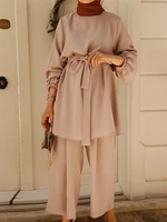Women Solid Color Wide Leg Pants Daily Casual Loose Two-Piece Set With Belt