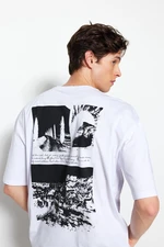 Trendyol White Men's Oversized/Wide Cut 100% Cotton Crew Neck T-Shirt with Photo Print.