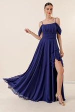 By Saygı Rope Strap Low Sleeve Front Draped Flounce Front Side Slit Lined Long Chiffon Dress