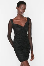 Trendyol Black Draped Tulle Evening Dress