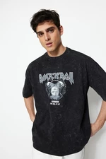 Trendyol Black Oversize/Wide-Fit Weathered/Faded Effect Rock Print 100% Cotton T-Shirt