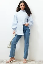 Trendyol Light Blue Gathered Detailed Cotton Basic Woven Shirt