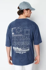 Trendyol Indigo Oversize/Wide Cut Faded Effect Text Printed 100% Cotton T-Shirt