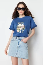 Trendyol Indigo 100% Cotton Printed and Faded Effect Boyfriend Knitted T-Shirt