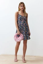 Trendyol Blue Floral Print A-line Double-breasted Collar Mini Woven Dress