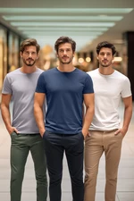 Trendyol Szürke-Ecru-Indigó Basic Slim/Narrow Cut 100% pamut 3 Pack Crew nyakú póló