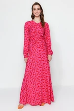 Trendyol Fuchsia Flower Patterned Woven Dress with Stitch Detail on the Waist