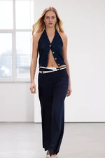 Trendyol námořnicky modré limitovaná edice asymetrický pas detailní široké nohavice/široké nohavice tkané kalhoty